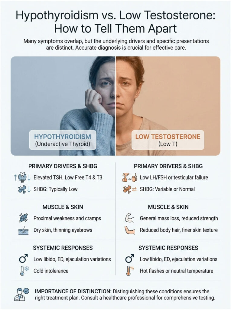 Infographic comparing hypothyroidism and low testosterone, detailing symptoms and primary drivers with icons.