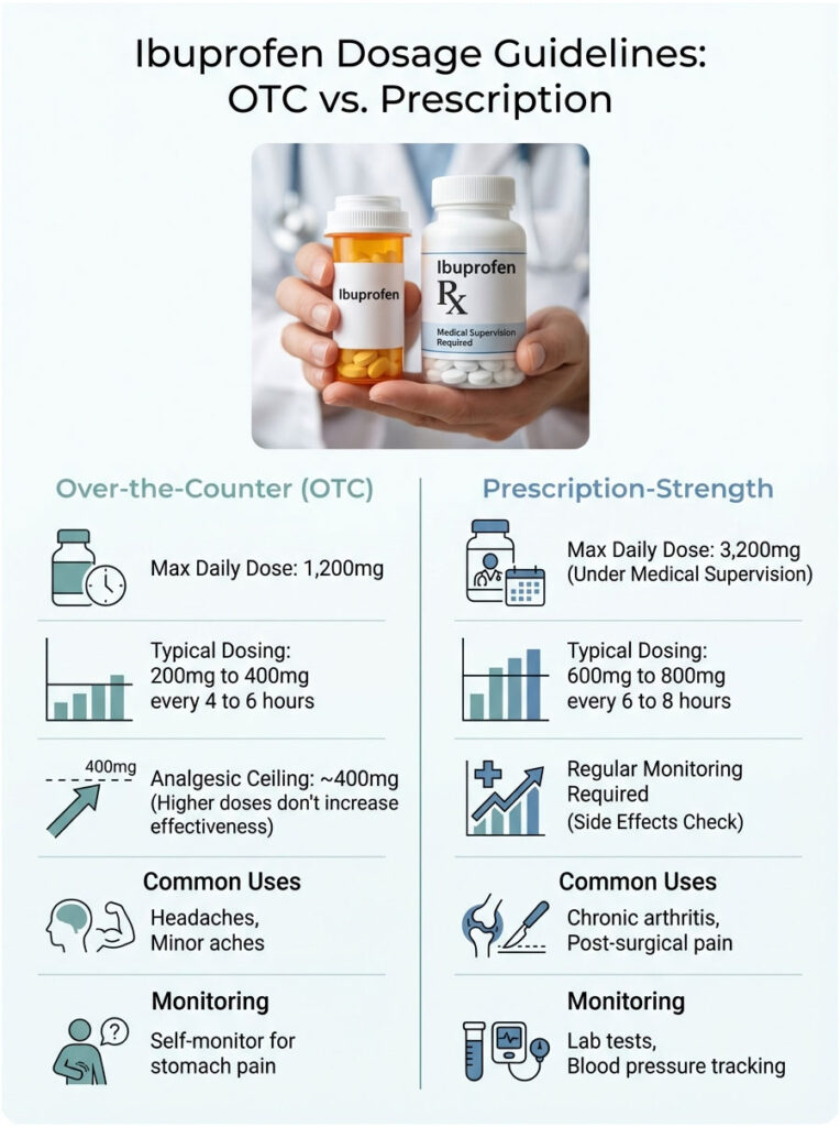 Infographic comparing ibuprofen dosage guidelines for OTC and prescription use, featuring charts and icons.