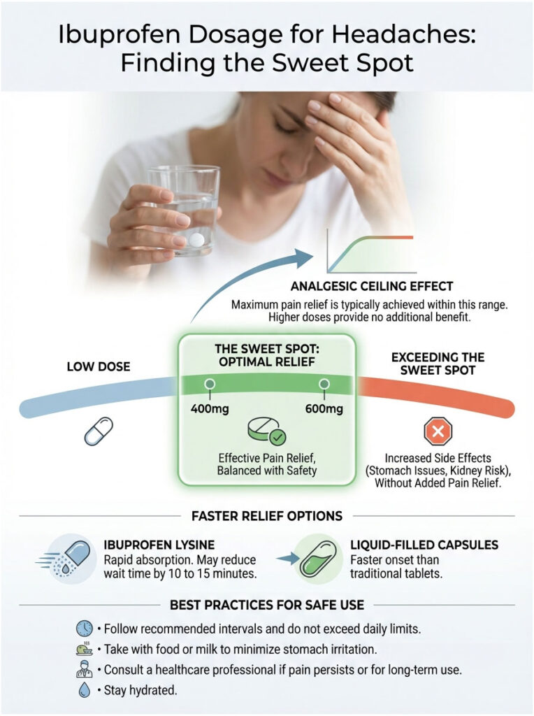 Infographic showing ibuprofen dosage for headaches, highlighting optimal relief and safety guidelines.
