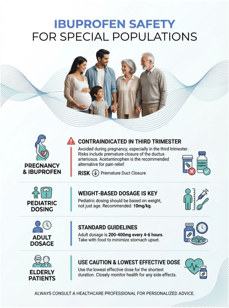 Infographic on ibuprofen safety for special populations, detailing risks and dosage guidelines for pregnancy, children, adults, and elderly patients.