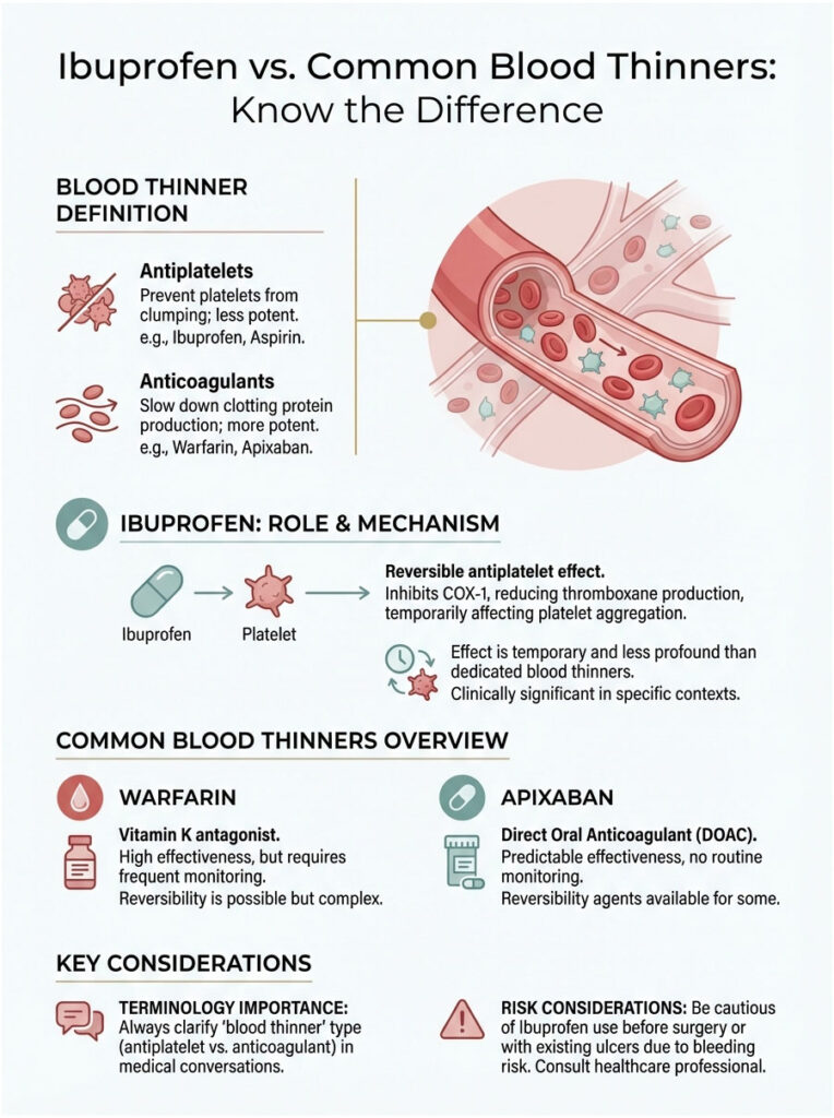 Infographic comparing ibuprofen and common blood thinners, detailing definitions, mechanisms, and considerations.