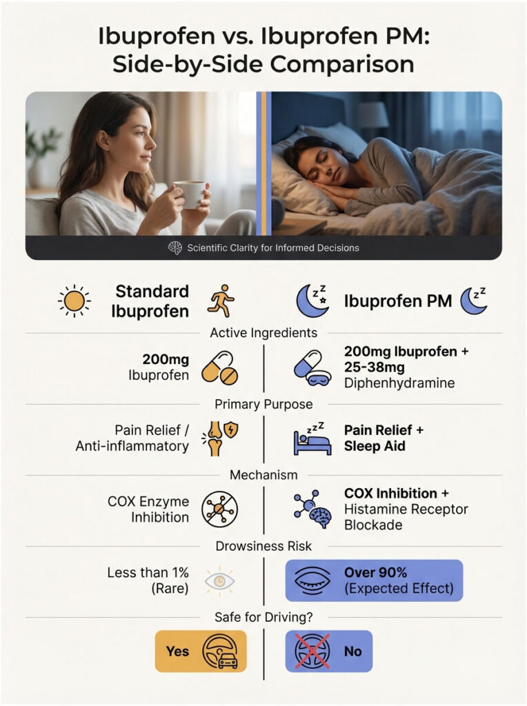 Infographic comparing Standard Ibuprofen and Ibuprofen PM with text, icons, and data on effects and ingredients.