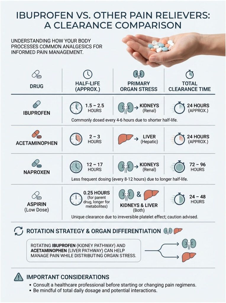 Infographic comparing ibuprofen and other pain relievers, detailing drug half-lives, organ stress, and clearance times.