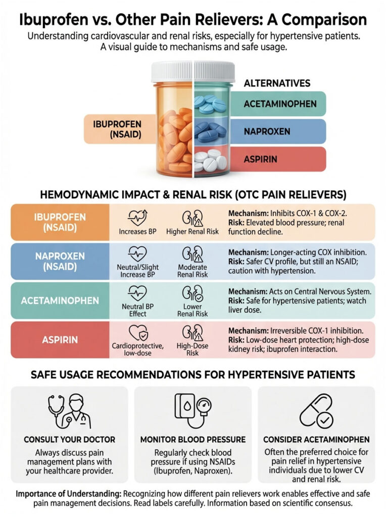 Infographic comparing ibuprofen and other pain relievers, detailing risks and safe usage for hypertensive patients.