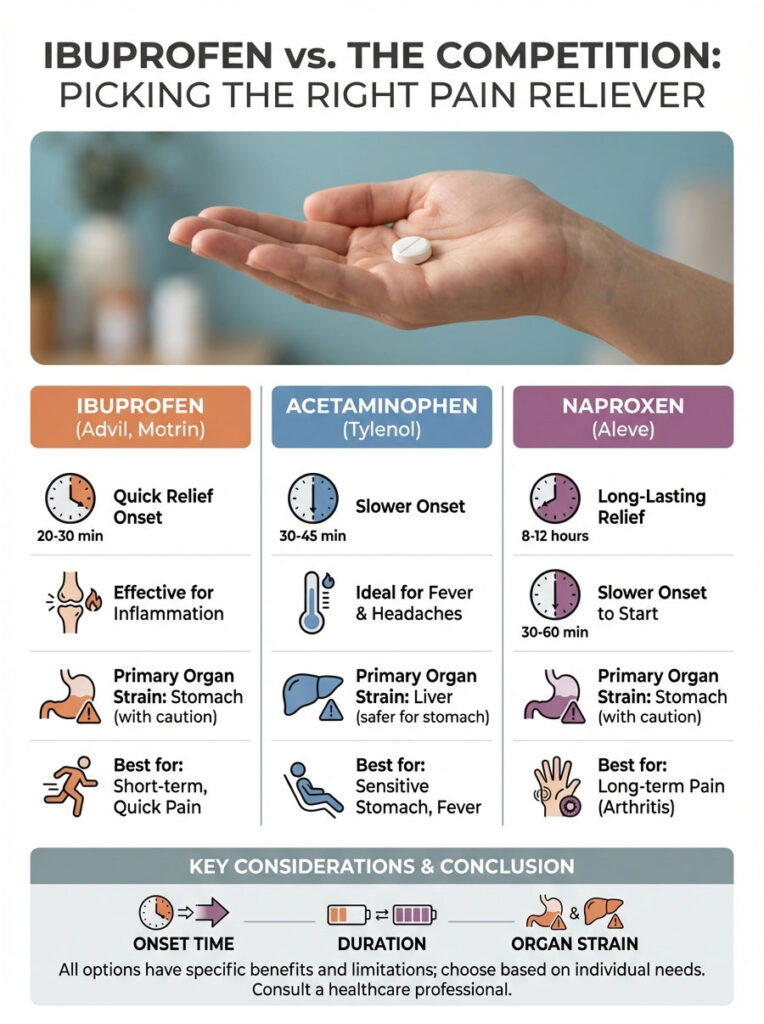 Hand holding a pill with comparison of Ibuprofen, Acetaminophen, and Naproxen in an infographic format.