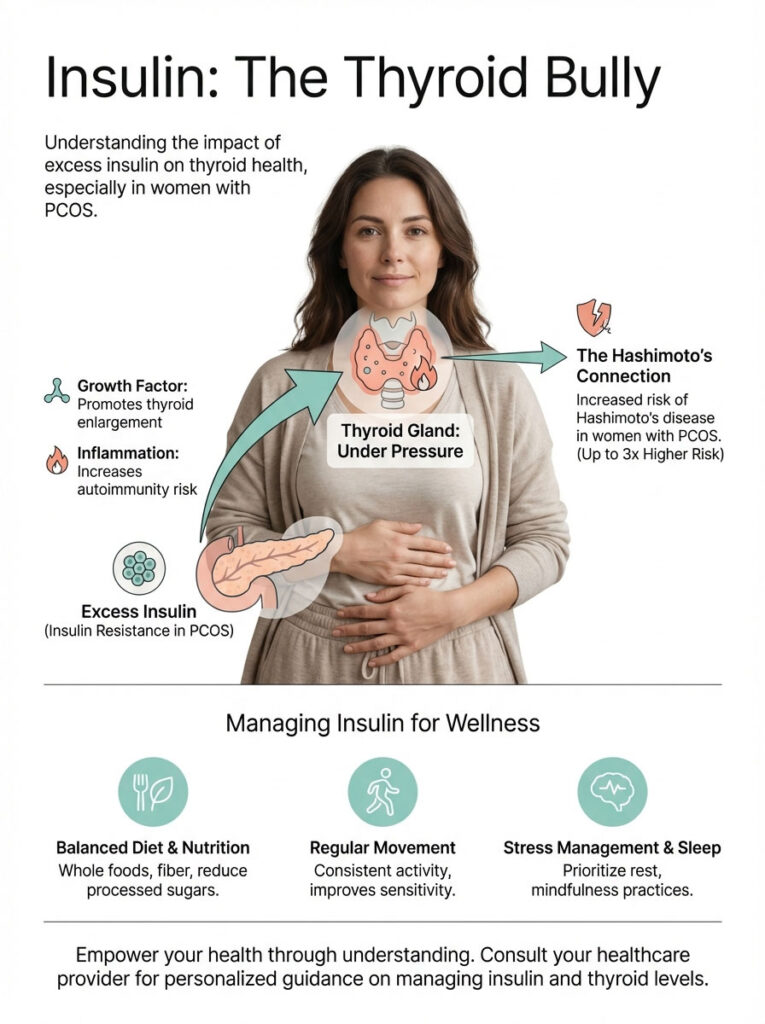 Infographic explaining the impact of excess insulin on thyroid health in women with PCOS, featuring icons and text.