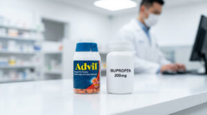 Two medicine bottles on a pharmacy counter, including Advil and Ibuprofen 200mg, with a pharmacist in the background.