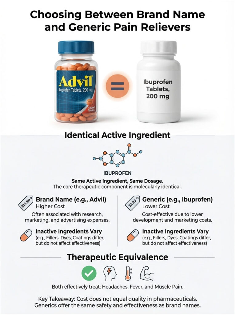 Infographic comparing Advil and generic ibuprofen, highlighting cost and effectiveness with icons and charts.