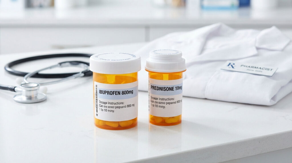 Two prescription bottles labeled Ibuprofen 800mg and Prednisone 10mg on a countertop with a stethoscope and lab coat.