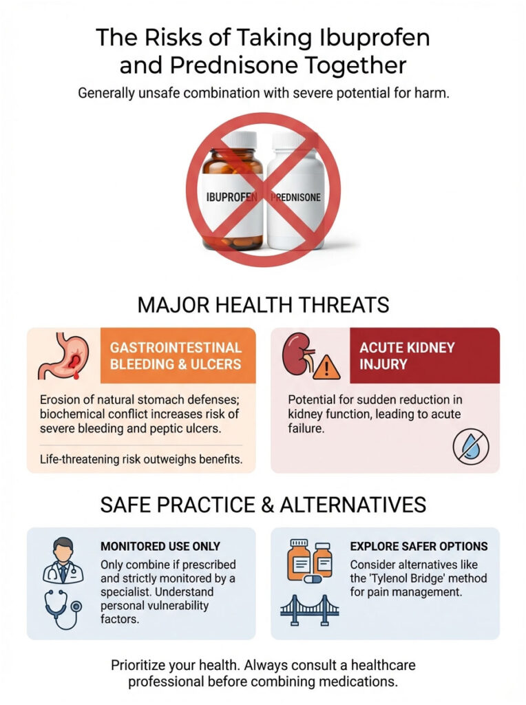 Infographic showing risks of combining Ibuprofen and Prednisone, highlighting health threats and safe practices.
