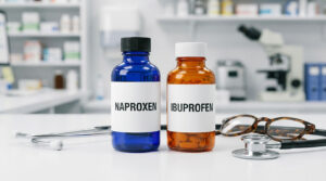 Two medicine bottles labeled Naproxen and Ibuprofen on a table with a stethoscope and glasses nearby.