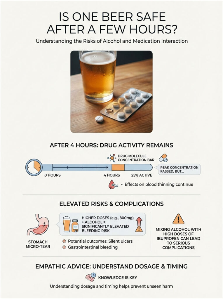 Infographic showing beer and medication interaction risks, highlighting drug activity, bleeding risks, and dosage advice.