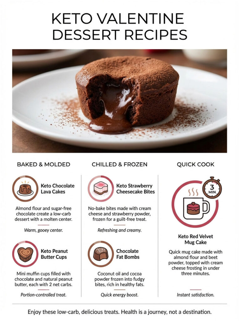 Infographic featuring keto Valentine dessert recipes with images and descriptions of various treats.