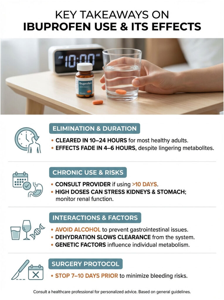 Infographic detailing ibuprofen use, effects, elimination, risks, interactions, and surgery protocol.