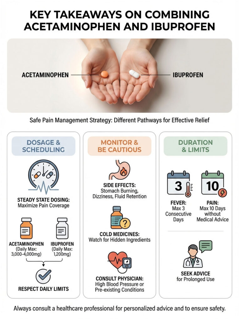 Infographic detailing safe pain management with acetaminophen and ibuprofen, including dosage, side effects, and limits.