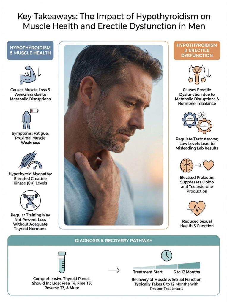 Infographic showing the impact of hypothyroidism on muscle health and erectile dysfunction in men with key data points.