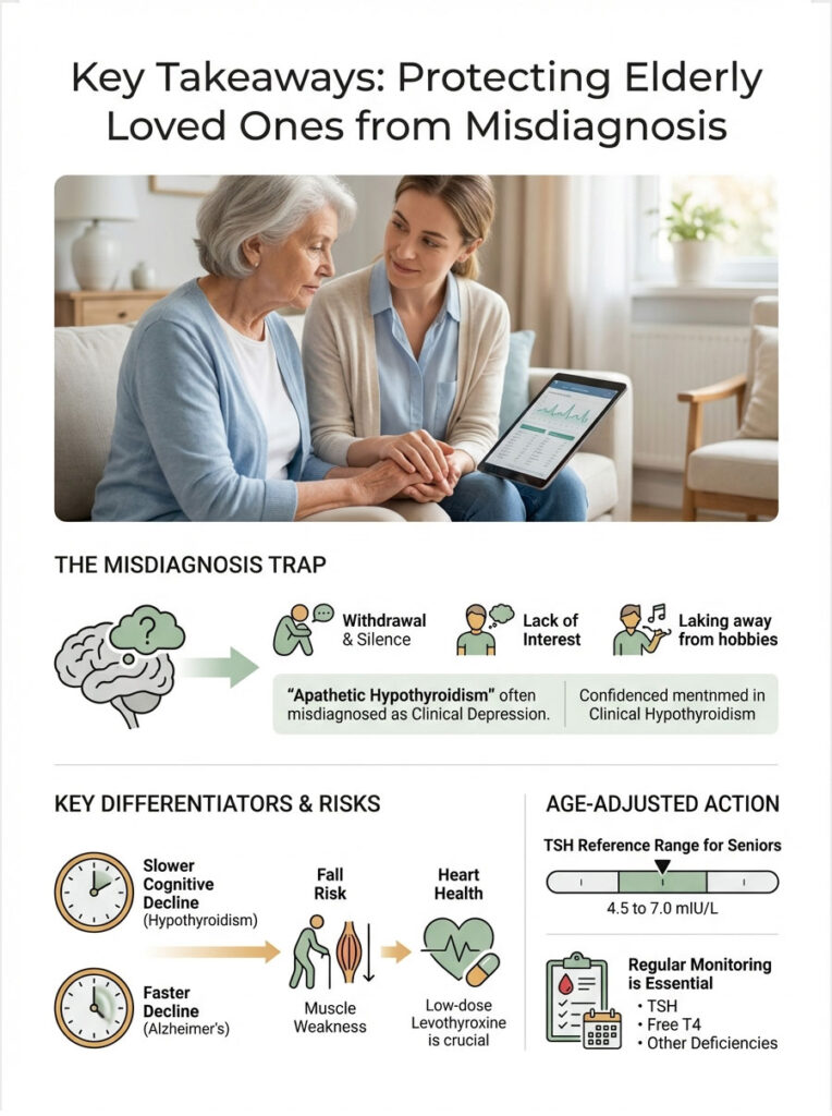 Infographic showing elderly care tips, misdiagnosis risks, cognitive decline, and health monitoring for seniors.