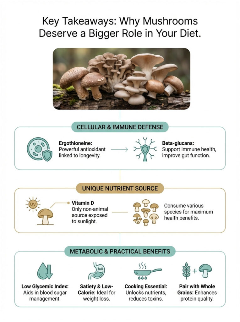 Infographic highlighting benefits of mushrooms in diet, featuring text on nutrients and health advantages.