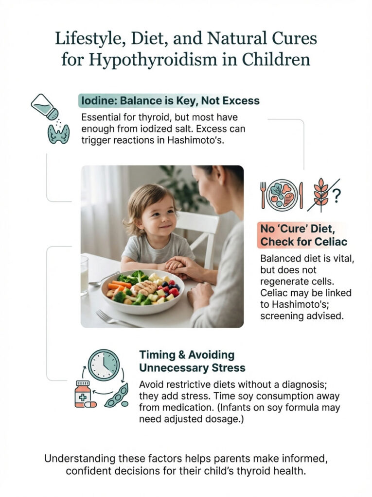 Infographic on hypothyroidism in children with text on iodine, celiac, and stress management, featuring a child and healthy food.