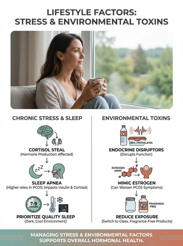 Woman holding a cup near a window, infographic on stress and environmental toxins with charts and icons.