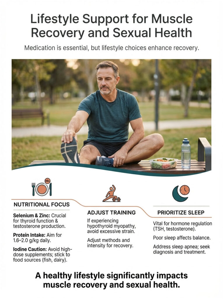Man sitting on a bench, discussing nutrition, training, and sleep for muscle recovery and sexual health in an infographic.