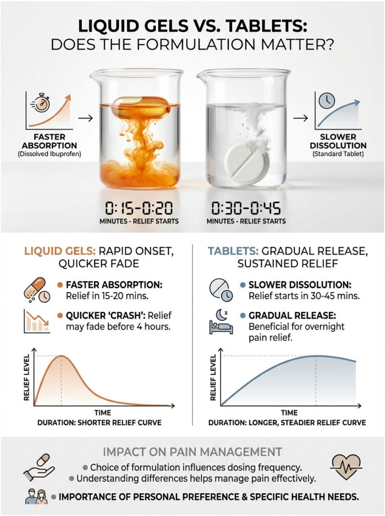 Infographic comparing liquid gels and tablets for pain relief, showing absorption rates and relief duration.