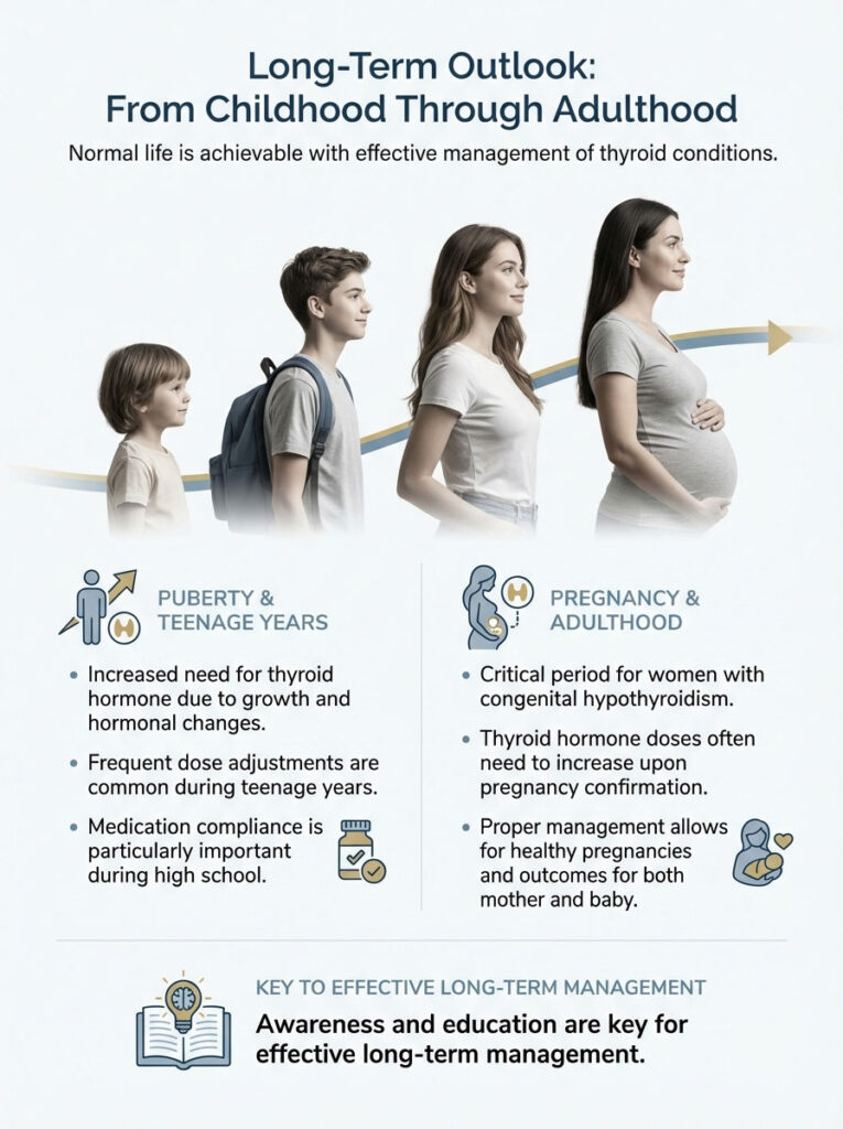 Infographic showing long-term thyroid management from childhood to adulthood with key points on puberty and pregnancy.
