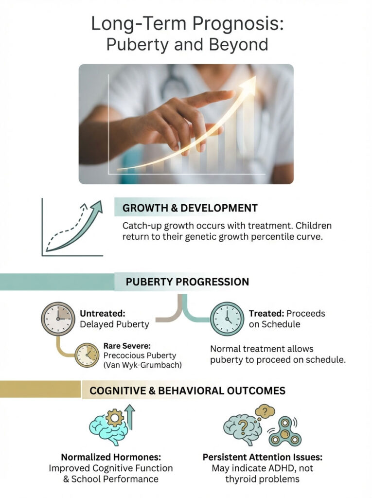 Infographic showing long-term prognosis of puberty, including growth, puberty progression, and cognitive outcomes.