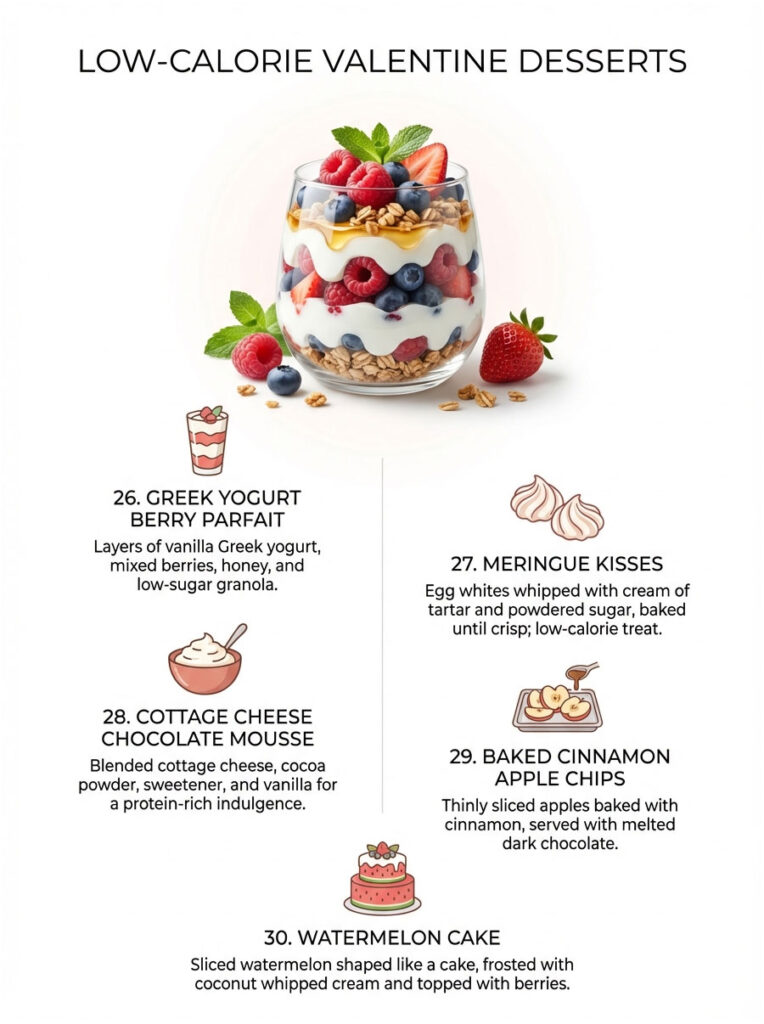 Infographic showing low-calorie Valentine desserts with images and descriptions of each dessert option.