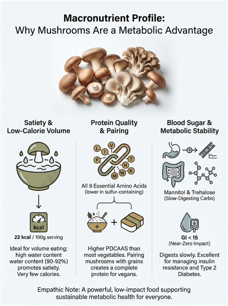 Infographic showing the macronutrient profile of mushrooms, highlighting benefits like low calories and protein quality.