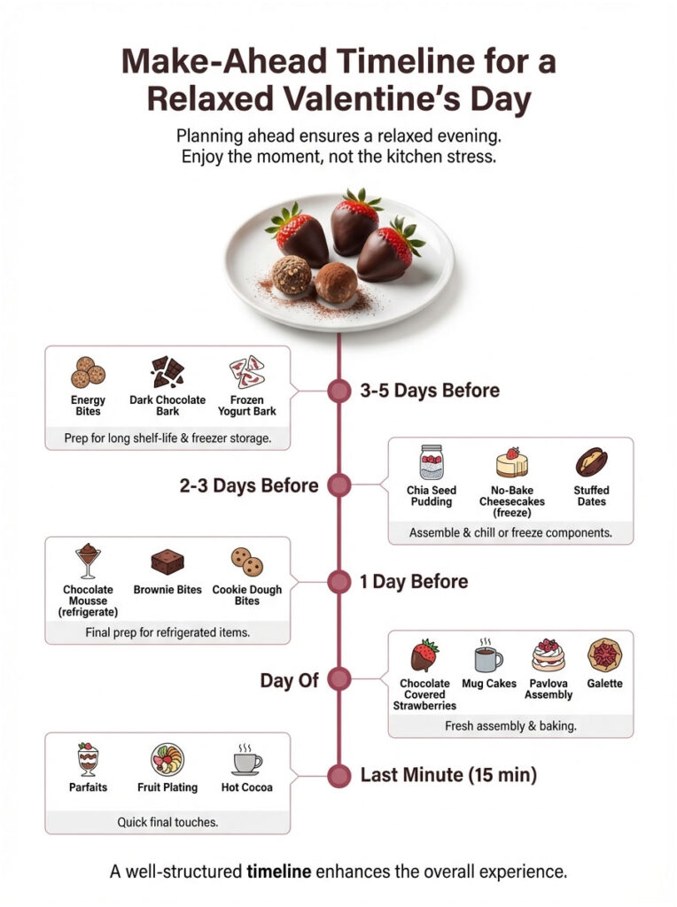 Infographic timeline for a relaxed Valentine's Day with preparation steps and food items listed.