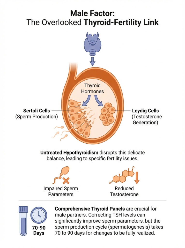 Infographic showing the thyroid-fertility link, including thyroid hormones, Sertoli and Leydig cells, and fertility impacts.