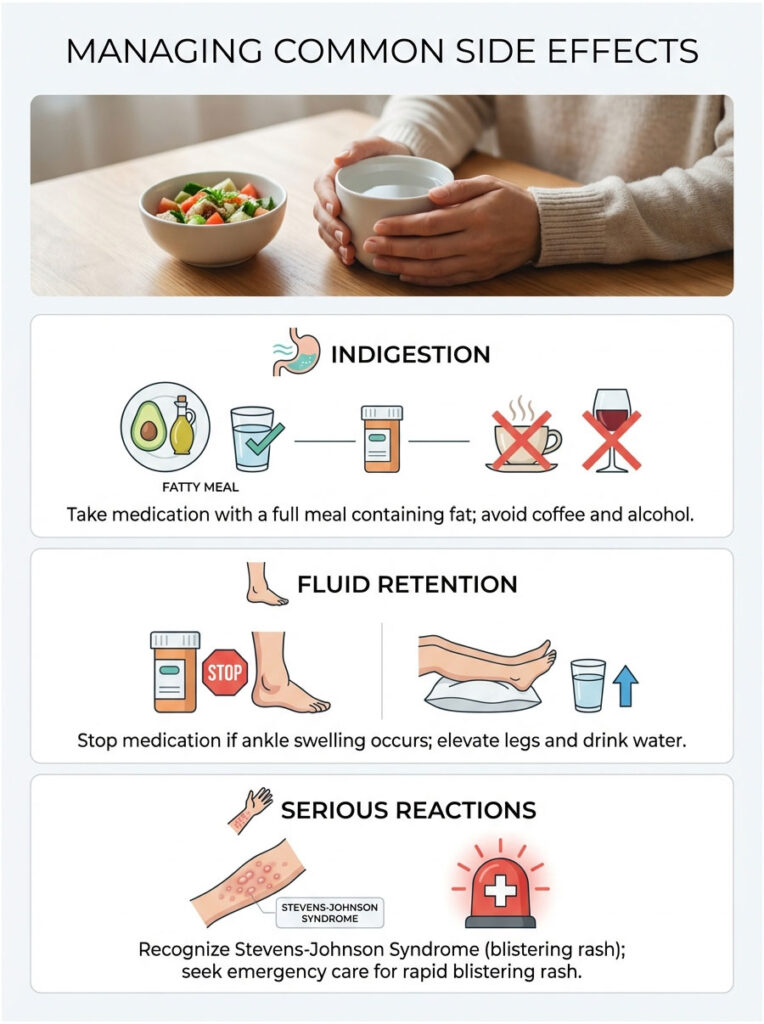 Infographic on managing common side effects with sections on indigestion, fluid retention, and serious reactions.