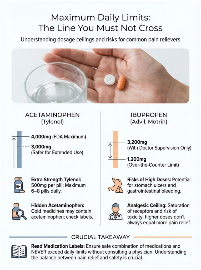Infographic showing maximum daily limits for acetaminophen and ibuprofen with dosage guidelines and risks.