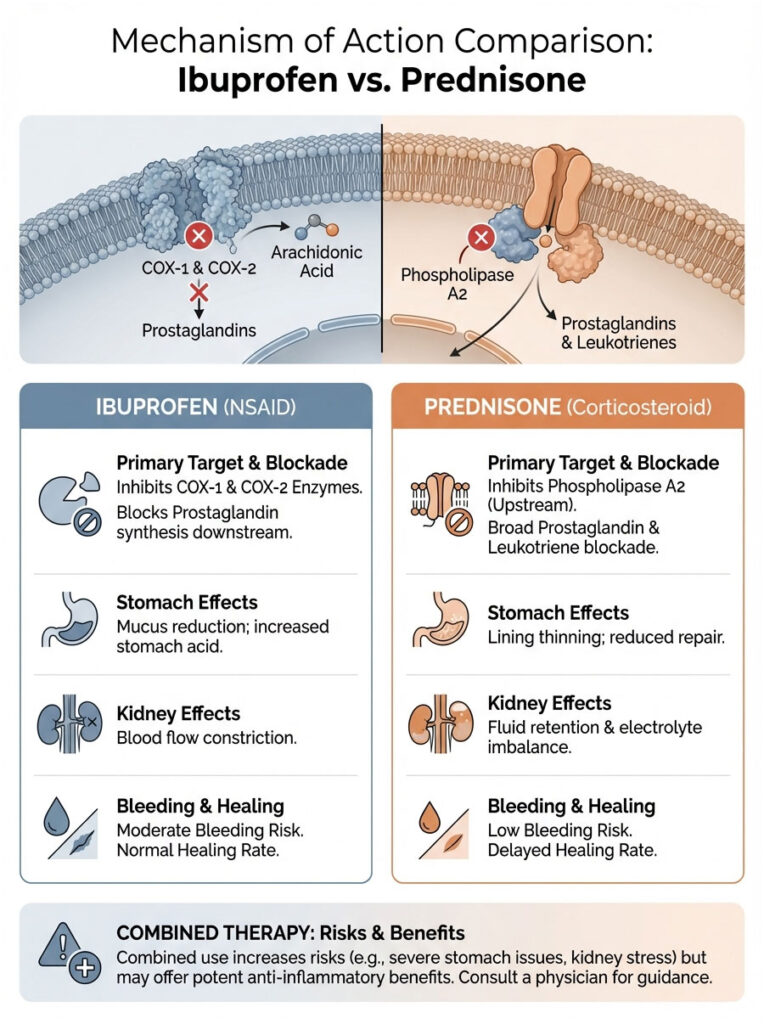 Infographic comparing mechanisms of action for Ibuprofen and Prednisone, detailing effects on stomach and kidneys.