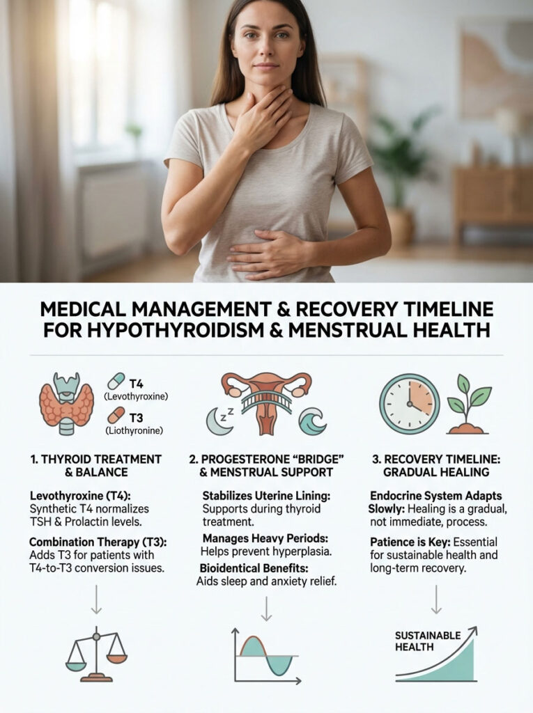 Infographic detailing medical management for hypothyroidism and menstrual health with icons and text descriptions.