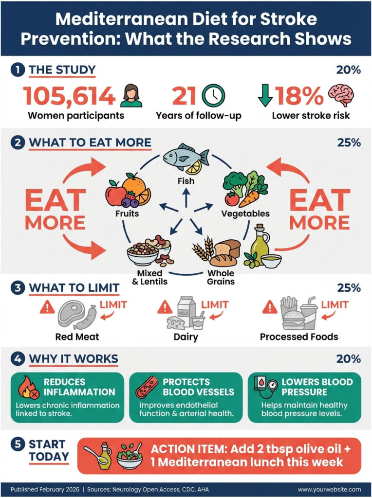Infographic showing Mediterranean diet benefits, including foods to eat more and limit for stroke prevention.