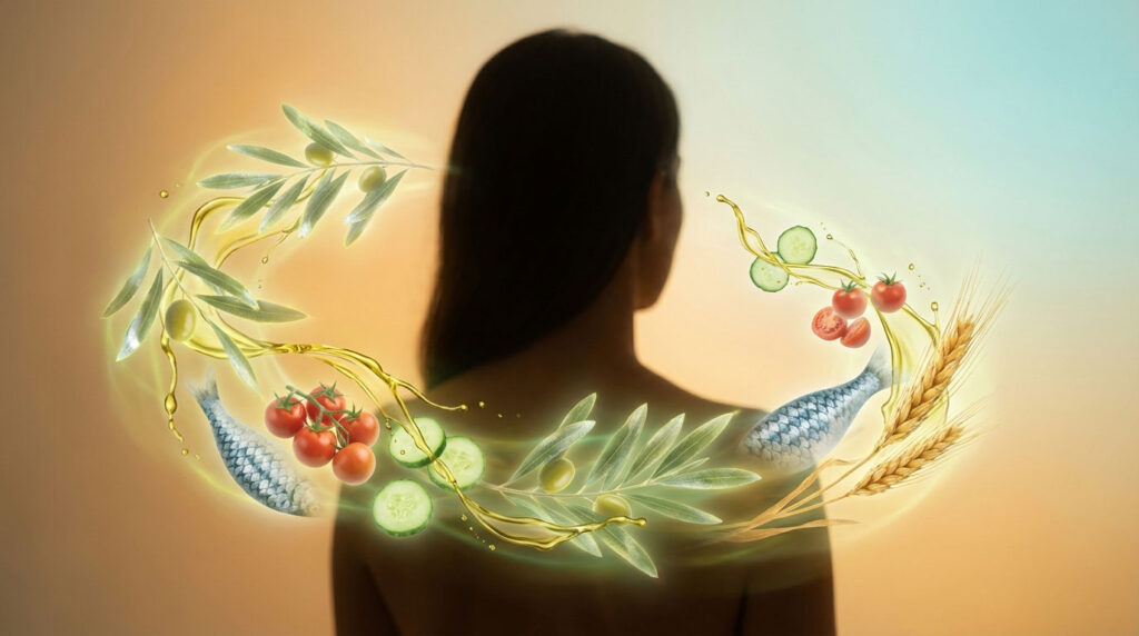 A woman with long hair stands against a gradient background, surrounded by illustrated food elements like fish, tomatoes, and olive branches.