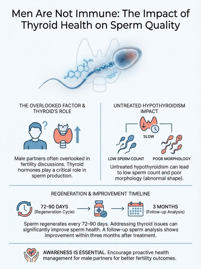 Infographic showing the impact of thyroid health on sperm quality, including charts and illustrations of sperm and thyroid hormones.