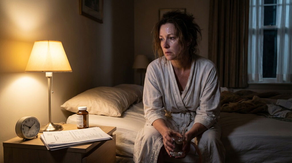 A woman in a robe sits on a bed, holding a glass, looking pensive in a dimly lit room.