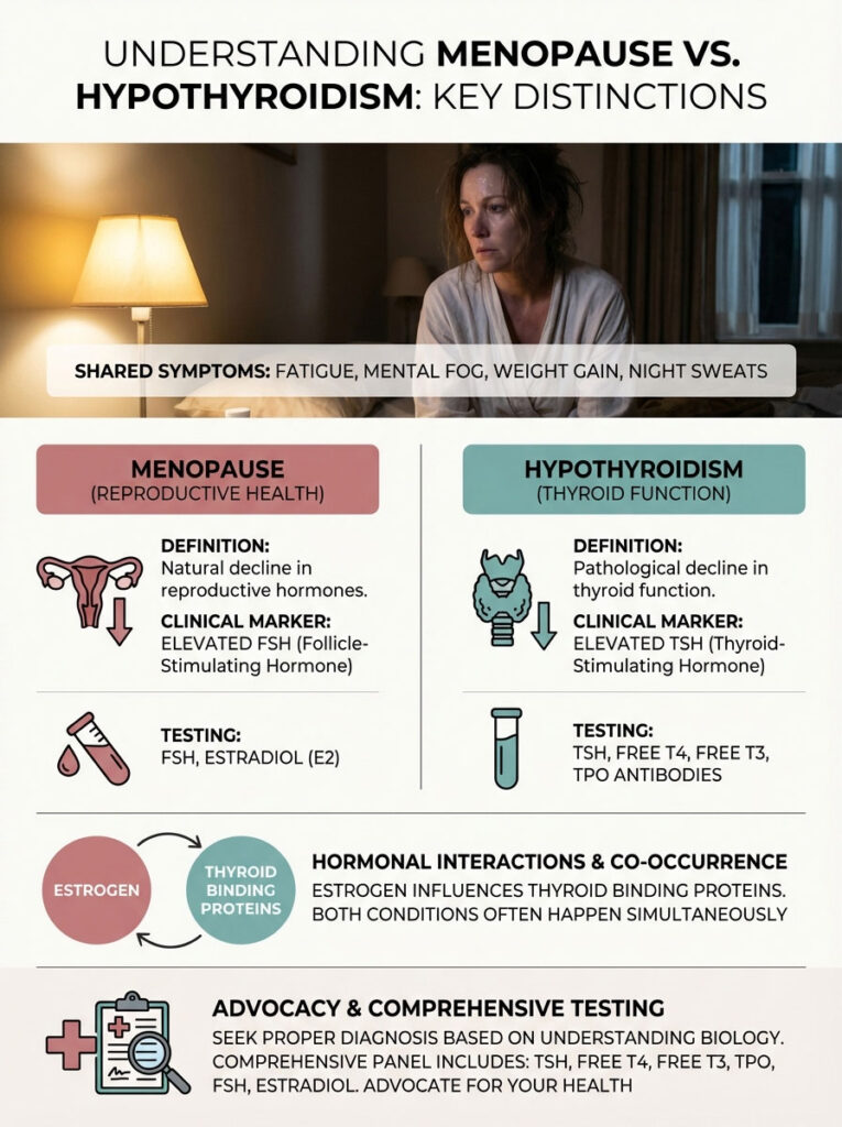 Infographic comparing menopause and hypothyroidism symptoms, definitions, clinical markers, and testing methods.