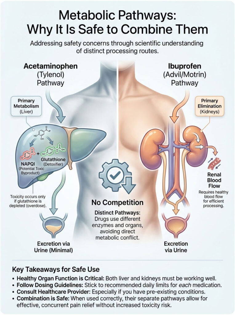 Infographic explaining metabolic pathways of Acetaminophen and Ibuprofen, highlighting liver and kidney functions.