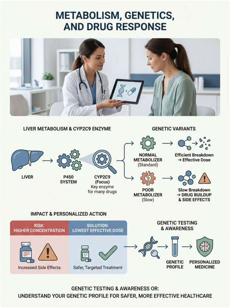 Doctor explains liver metabolism, CYP2C9 enzyme, genetic variants, and personalized medicine in an infographic.