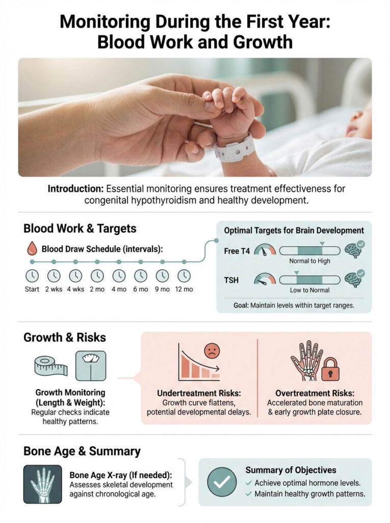 Infographic showing blood work schedule, growth monitoring, and bone age assessment for infants' health.