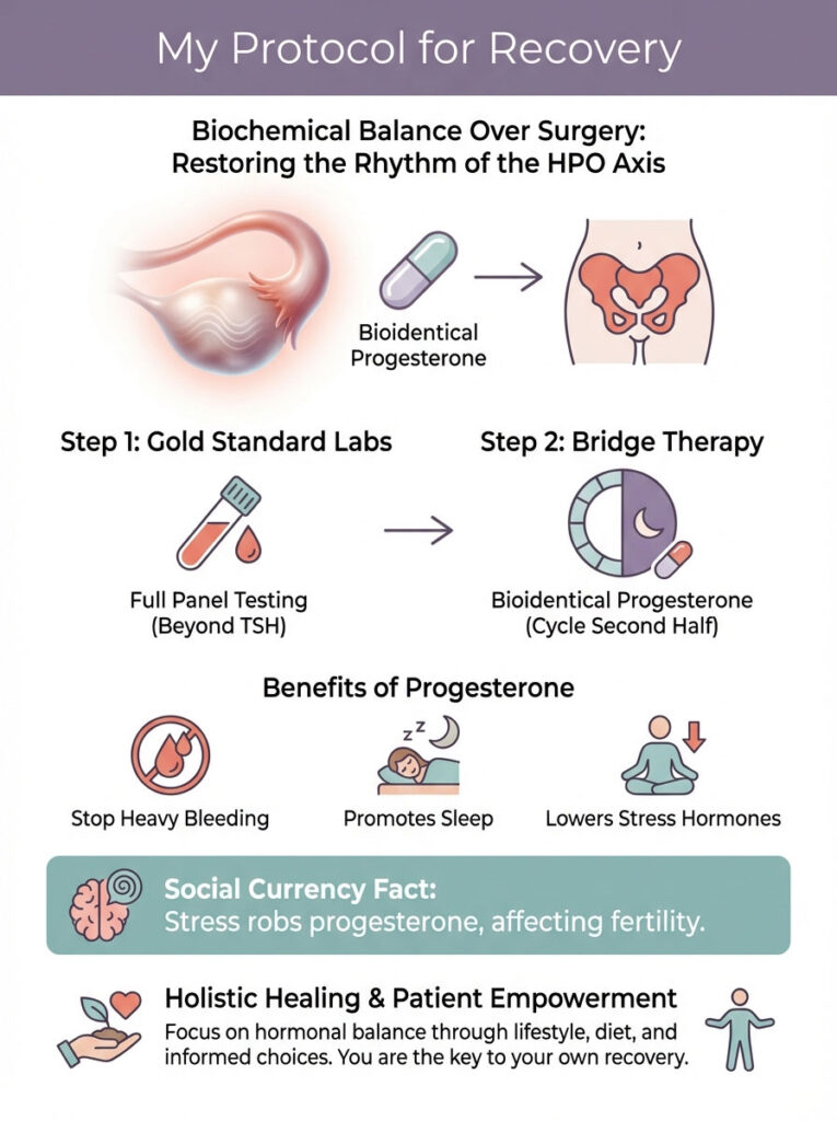 Infographic detailing recovery protocol with steps, benefits of progesterone, and holistic healing concepts.