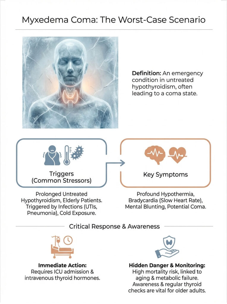 Infographic on Myxedema Coma detailing definition, triggers, key symptoms, and critical response actions.