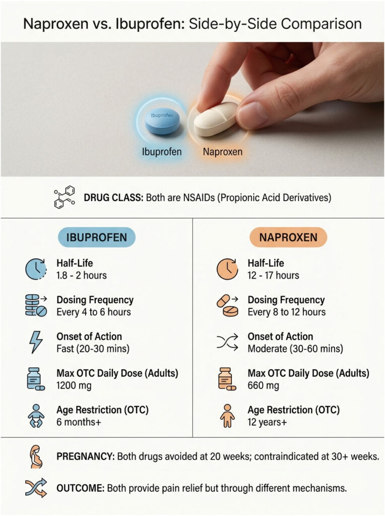 Infographic comparing Naproxen and Ibuprofen with details on dosage, half-life, and usage restrictions.