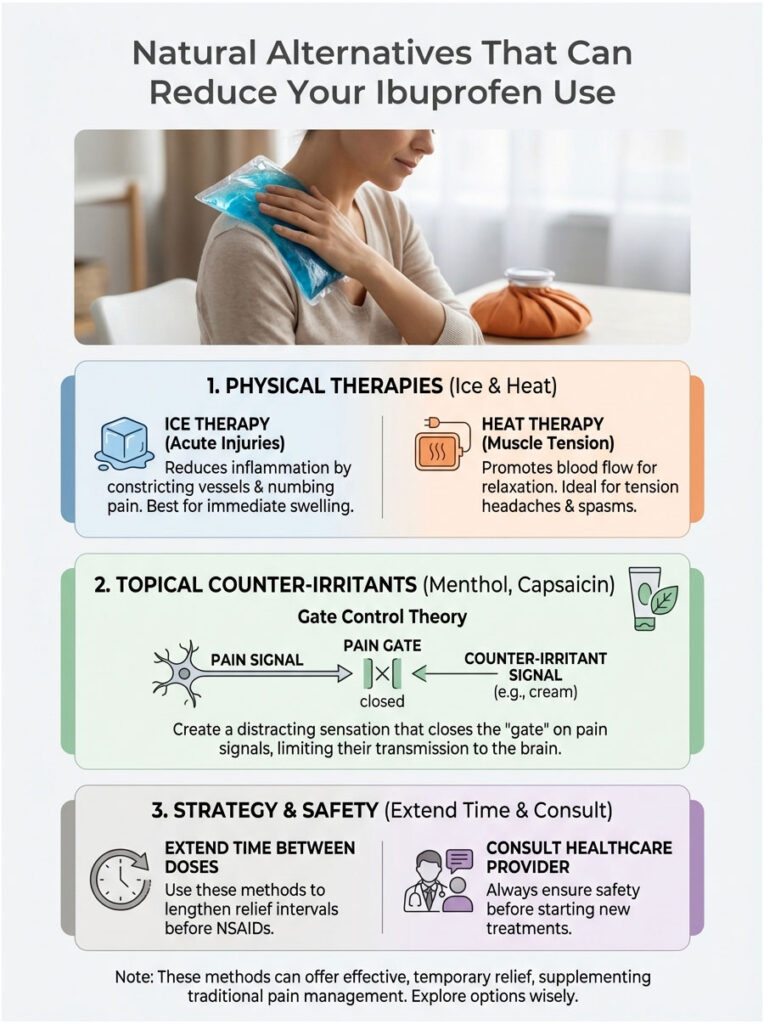 Infographic showing natural alternatives to reduce ibuprofen use, including therapies and strategies for pain management.