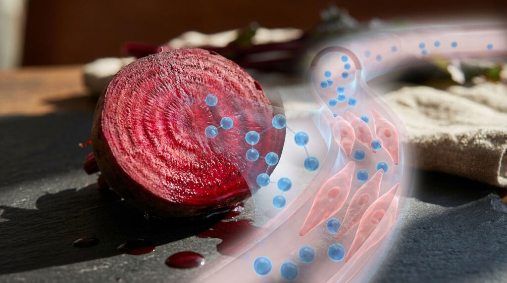 A sliced beetroot on a dark surface with a scientific overlay of cells and molecules.