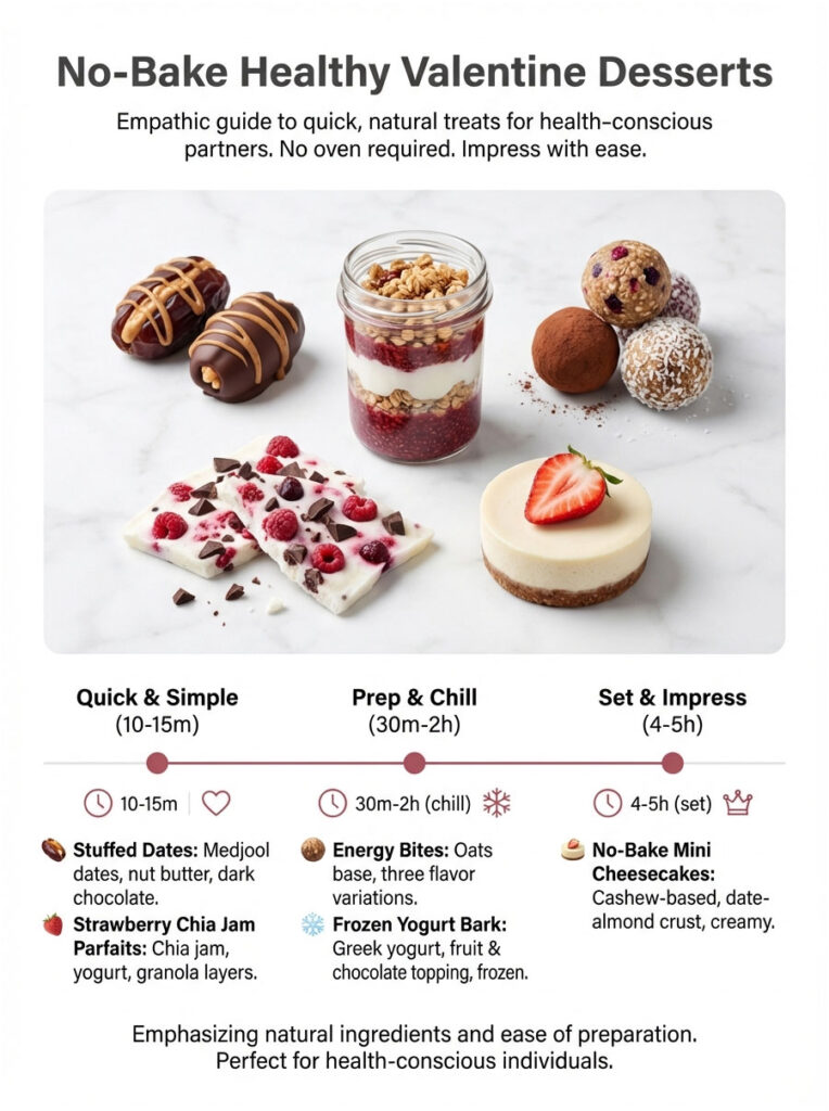 Infographic displaying no-bake healthy Valentine desserts with images and preparation times for each treat.
